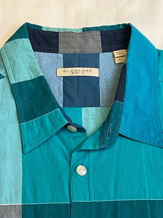🍀Burberry Brit XL Nova Check Teal & Blue Plaid Short-Sleeve Button-Up Shirt - Picture 2 of 6